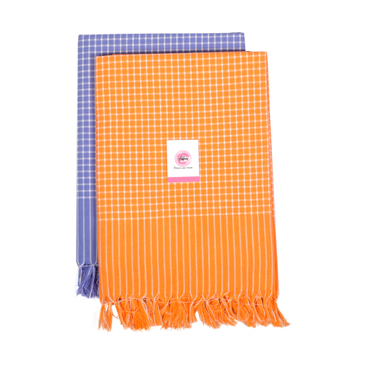 Addone Mini Check Cotton 250 GSM Bath, Beach Towel  (Pack of 2) - Orange & Blue