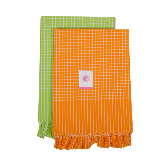 Addone Mini Check Cotton 250 GSM Beach, Bath Towel  (Pack of 2) - Orange & Green