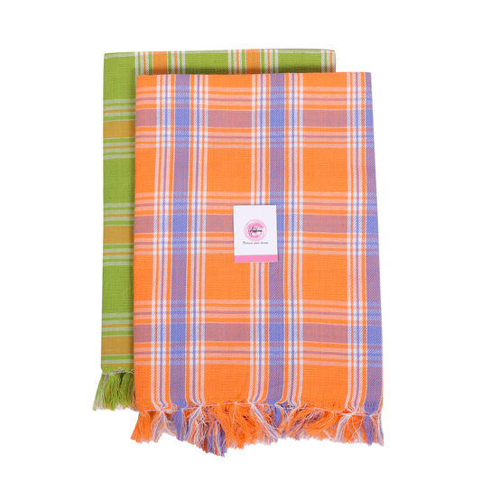 Addone Dobby Cotton 250 GSM Bath Towel (Pack of 2) - Orange & Green