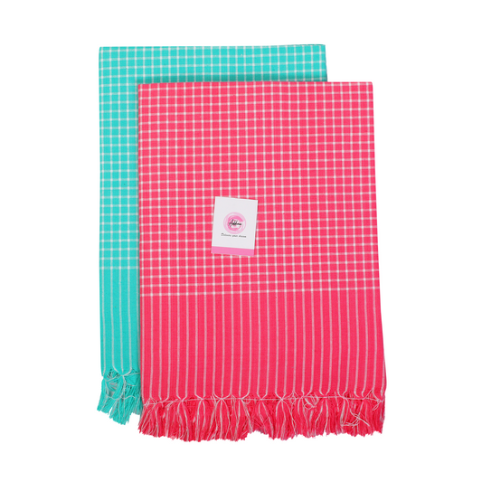 Addone Mini Check Cotton 250 GSM Bath, Beach Towel  (Pack of 2) -  Pink & Cyan