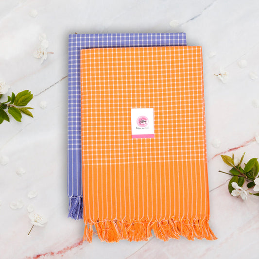 Addone Mini Check Cotton 250 GSM Bath, Beach Towel  (Pack of 2) - Orange & Blue