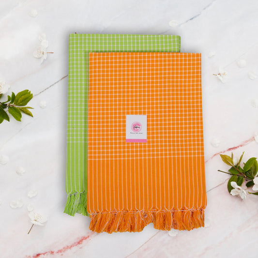 Addone Mini Check Cotton 250 GSM Beach, Bath Towel  (Pack of 2) - Orange & Green